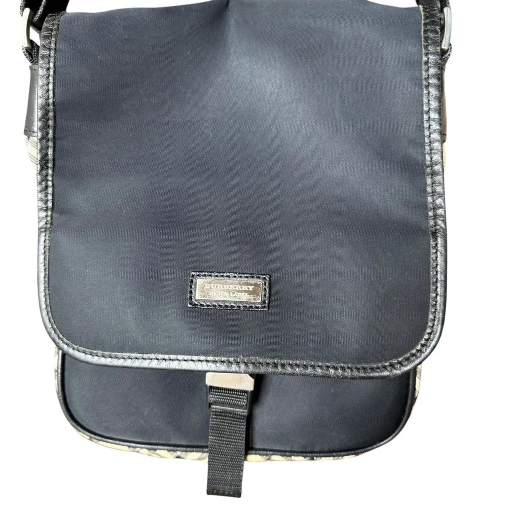 Burberry Nova Check Black Label Messenger Bag in Black Nylon with Leather Trim
